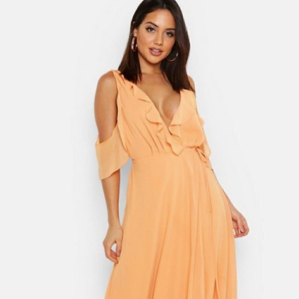 Nwt- Boohoo Boutique- Chiffon Frill Cold Shoulder Wrap Maxi Dress